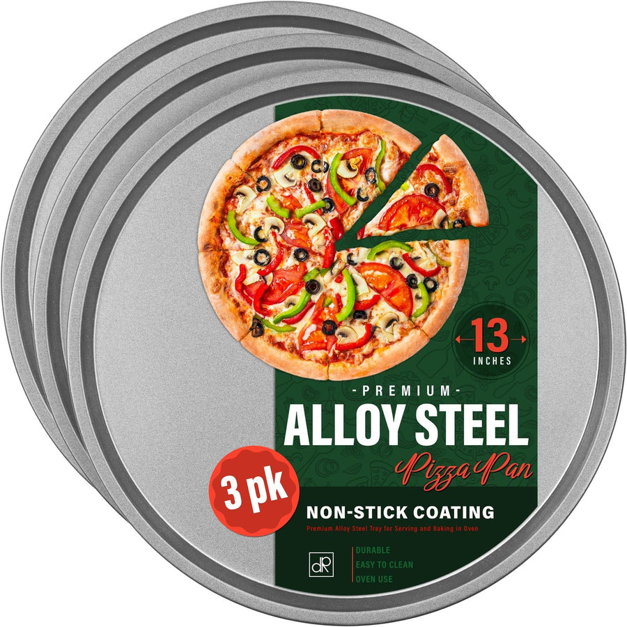 DecorRack 13 Inch Alloy Steel Pizza Pan, Non-Stick Coating, Dishwasher Safe Serving Tray, Round Baking Tray for Oven Use (3 pack)