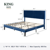 Amolife King Size Upholstered Platform Bed Frame with Adjustable Vertical Channel Tufted Velvet Headboard, Dark Blue