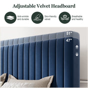 Amolife King Size Upholstered Platform Bed Frame with Adjustable Vertical Channel Tufted Velvet Headboard, Dark Blue