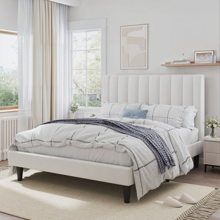 SHA CERLIN White Queen Size Platform Bed Frame with Velvet Channel Headboard, Adult
