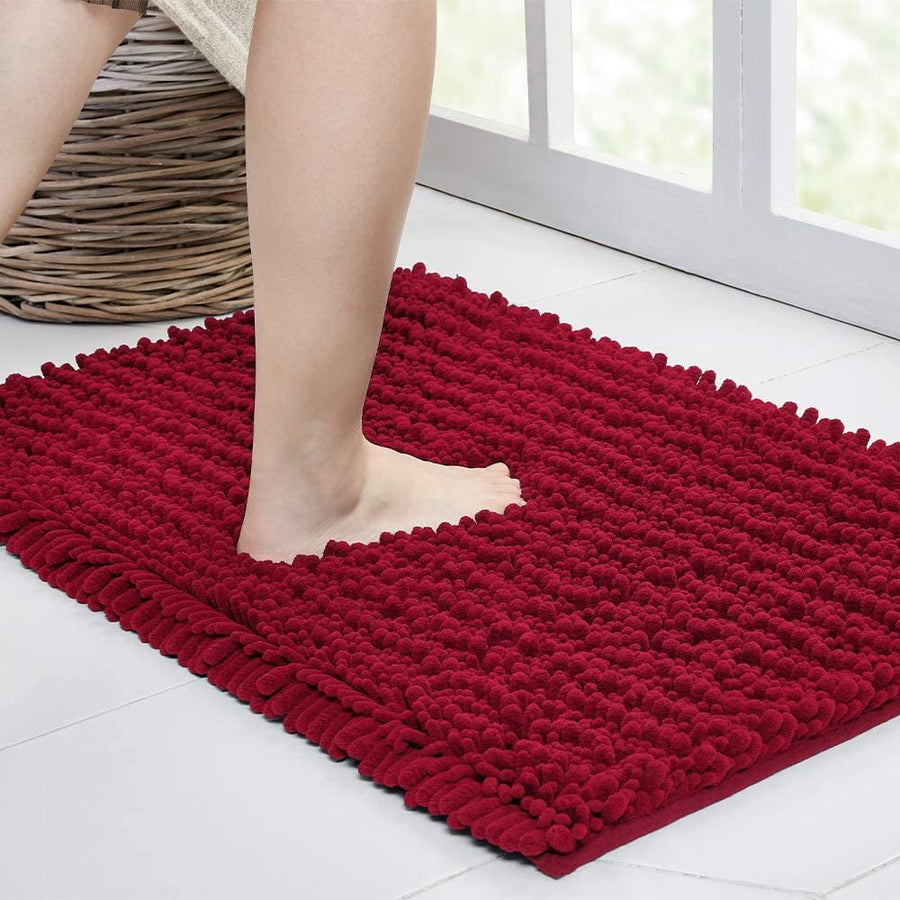Walensee Non-Slip Bathroom Rugs Chenille Soft Striped Plush Bath Mat, 20" x32", Red