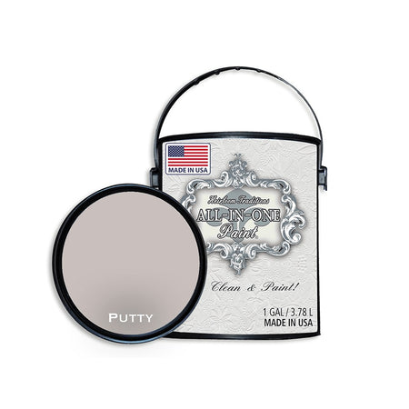 ALL-IN-ONE Paint, Putty (Light Taupe), 128 Fl Oz Gallon. Durable cabinet and furniture paint. Built in primer and top coat, no sanding needed.