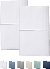 Feather & Stitch 2 Piece Pillowcase Set Standard Size White 100% Cotton Damask Stripe Pillow Cases 500 Thread Count 20x30 Inches Ultra Soft