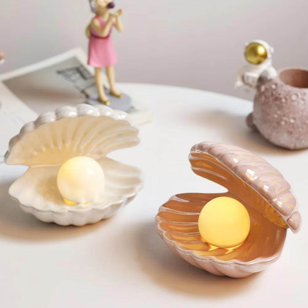 Night Light Ceramic Shell Pearl Lamp Bedroom Decoration Home Bedside Girl Gift