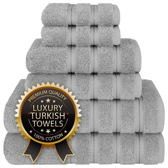 American Soft Linen Luxury 6 Piece Bath Towel Set, 100% Cotton Turkish Towels for Bathroom, Light Grey