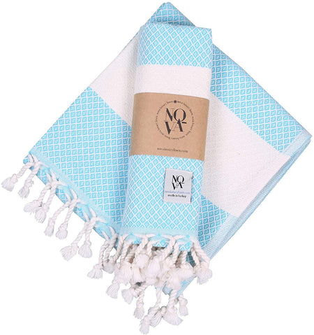 Luxury Linen Turkish Hand Towels for Bathroom Set of 2, Diamond Weave Soft Cotton, 16 x 40 Inches Decorative Peshtemal-Pack of 2, Turquoise