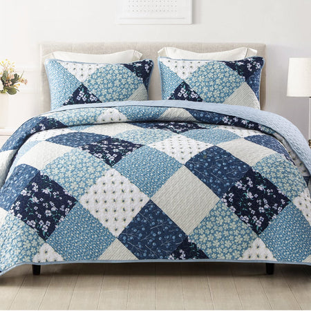 Exclusivo Mezcla 3 Pieces Boho Bohemian Quilt Set Queen Size, Lightweight Patchwork Quilted Bedspread/Coverlet/Bed cover/Bedding Set, Navy