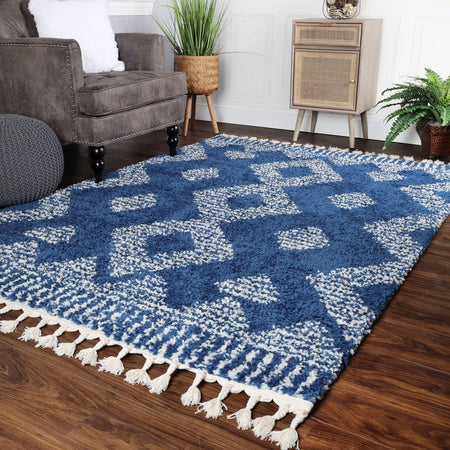Modern Diamond Plush Polypropylene Indoor Shag Area Rug with Fringe - 8' x 10’, Cream-Blue