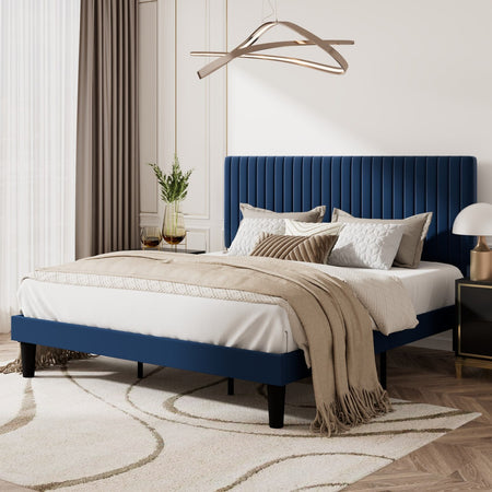 Amolife King Size Upholstered Platform Bed Frame with Adjustable Vertical Channel Tufted Velvet Headboard, Dark Blue