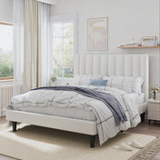 SHA CERLIN White Queen Size Platform Bed Frame with Velvet Channel Headboard, Adult