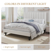 SHA CERLIN White Queen Size Platform Bed Frame with Velvet Channel Headboard, Adult