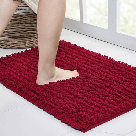 Walensee Non-Slip Bathroom Rugs Chenille Soft Striped Plush Bath Mat, 20" x32", Red