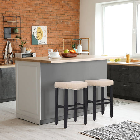 WestinTrends Black Bar Stools Set of 2, 29 Inch Tall Farmhouse Kitchen Wooden Saddle Stool Chair, Linen Upholstered Cushion with Solid Wood Leg
