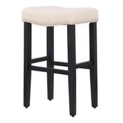 WestinTrends Black Bar Stools Set of 2, 29 Inch Tall Farmhouse Kitchen Wooden Saddle Stool Chair, Linen Upholstered Cushion with Solid Wood Leg