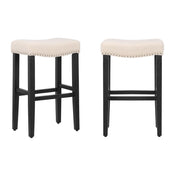 WestinTrends Black Bar Stools Set of 2, 29 Inch Tall Farmhouse Kitchen Wooden Saddle Stool Chair, Linen Upholstered Cushion with Solid Wood Leg