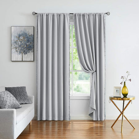 Exultantex Grey Blackout Curtains for Living Room,Pom Pom Thermal Window Curtains,50"W x 95"L, 2 Panels, Rod Pocket