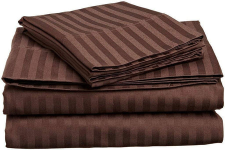 Amay 100% Cotton 600-Thread Count 4-PCs Sheet Set Easily Fit upto 24 Inch Deep Pockets Stripe Pattern ( Queen, Chocolate )
