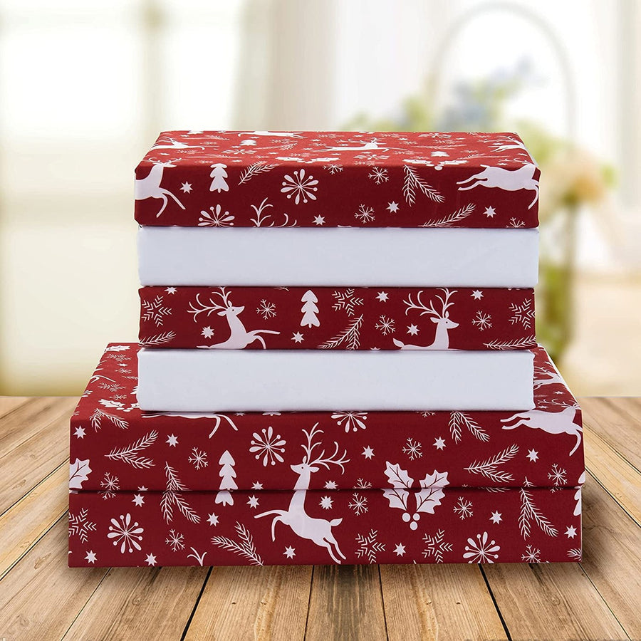 Holiday Pattern 1500 Series Sheet set (6-Piece) Bedding Set, Queen, Burgundy Reindeer
