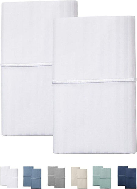 Feather &amp; Stitch 2 Piece Pillowcase Set Standard Size White 100% Cotton Damask Stripe Pillow Cases 500 Thread Count 20x30 Inches Ultra Soft