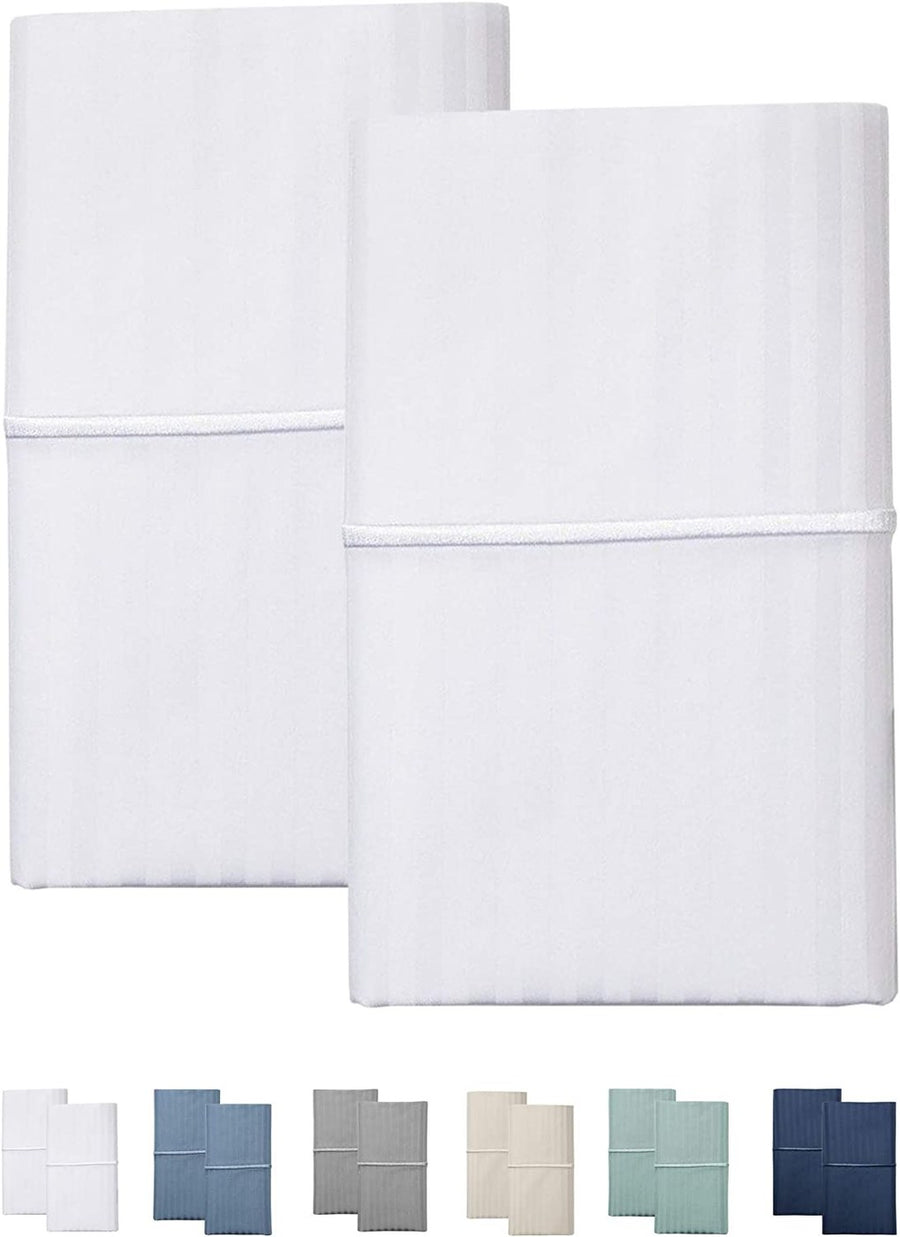 Feather &amp; Stitch 2 Piece Pillowcase Set Standard Size White 100% Cotton Damask Stripe Pillow Cases 500 Thread Count 20x30 Inches Ultra Soft
