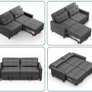 Pull Out Couch，Asofer 3-in-1 Convertible Loveseat Sofa Bed with Separate Ottoman & Adjustable Backrest,Sleeper for Guest Room，Small Apartment, Dark Gray