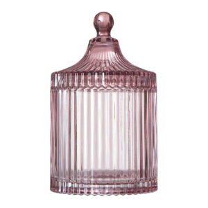 Beautiful Contemporary Rose Ribbed Glass Lidded Decorative Jar by Drew Barrymore, 4.09" L x 6.69" H