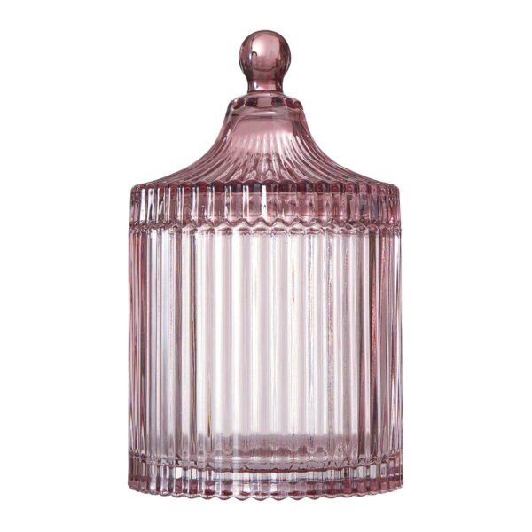 Beautiful Contemporary Rose Ribbed Glass Lidded Decorative Jar by Drew Barrymore, 4.09" L x 6.69" H