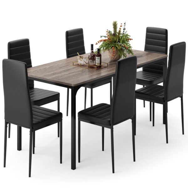 Dining Table Set for 6, Lofka 7 Piece Wooden Kitchen Table Set with 6 Upholstered PU Leather Chairs for Dining Room, Living Room, Apartment, Small Space,Gray