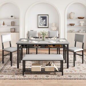 PAPROOS Dining Table Set for 6, 6 Piece Dining Room Set with Wooden Table Top, PU Leather Upholstery Chairs and Bench, Modern Dinette Sets for Big Family, Kitchen Table and Chairs Set, Gray