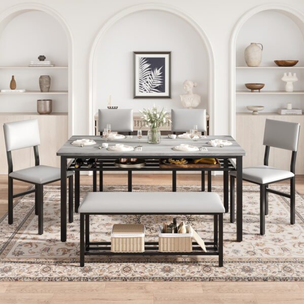PAPROOS Dining Table Set for 6, 6 Piece Dining Room Set with Wooden Table Top, PU Leather Upholstery Chairs and Bench, Modern Dinette Sets for Big Family, Kitchen Table and Chairs Set, Gray