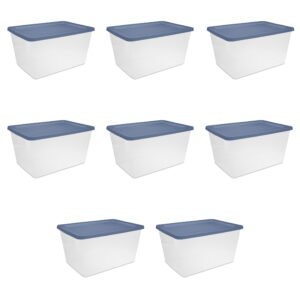 Sterilite Storage Bin, 58 Quart Clear Plastic Storage Container with Snap-On Lid, Blue, 8 Pack