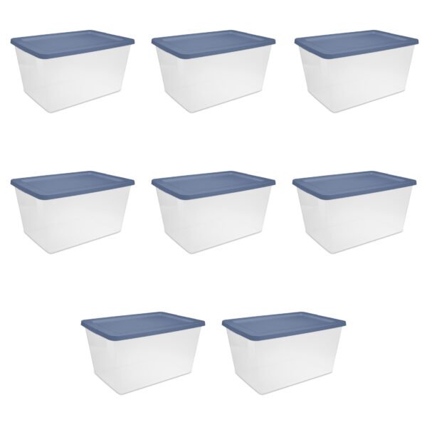 Sterilite Storage Bin, 58 Quart Clear Plastic Storage Container with Snap-On Lid, Blue, 8 Pack