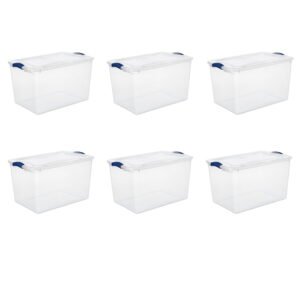 Sterilite Large Latching Storage Bin, 66 Quart Clear Plastic Storage Container with Clear Lid, Blue Latch, 6 Pack