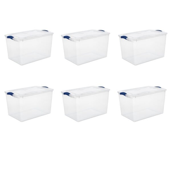 Sterilite Large Latching Storage Bin, 66 Quart Clear Plastic Storage Container with Clear Lid, Blue Latch, 6 Pack