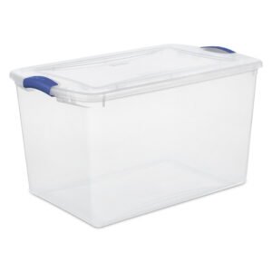 Sterilite 66 Quart Large Latching Storage Bin, Clear Plastic Storage Container with Latch Lid, Blue