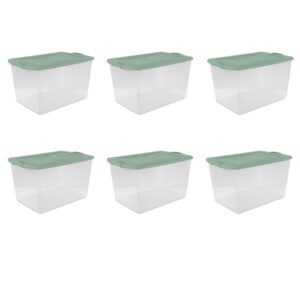 Sterilite Large Latching Storage Bin, 66 Quart Clear Plastic Storage Container with Latch Lid, Green Sage, 6 Pack
