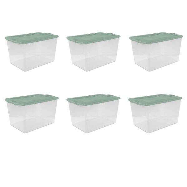 Sterilite Large Latching Storage Bin, 66 Quart Clear Plastic Storage Container with Latch Lid, Green Sage, 6 Pack