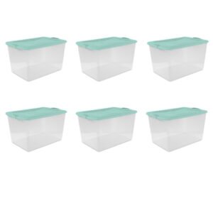 Sterilite Large Latching Storage Bin, 66 Quart Clear Plastic Storage Container with Latch Lid, Mint, 6 Pack